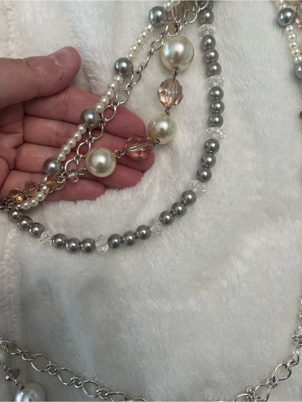 Layered Pearl and Crystal Multi-Strand Necklace - Silver & Cream - Picture 3 of 5
